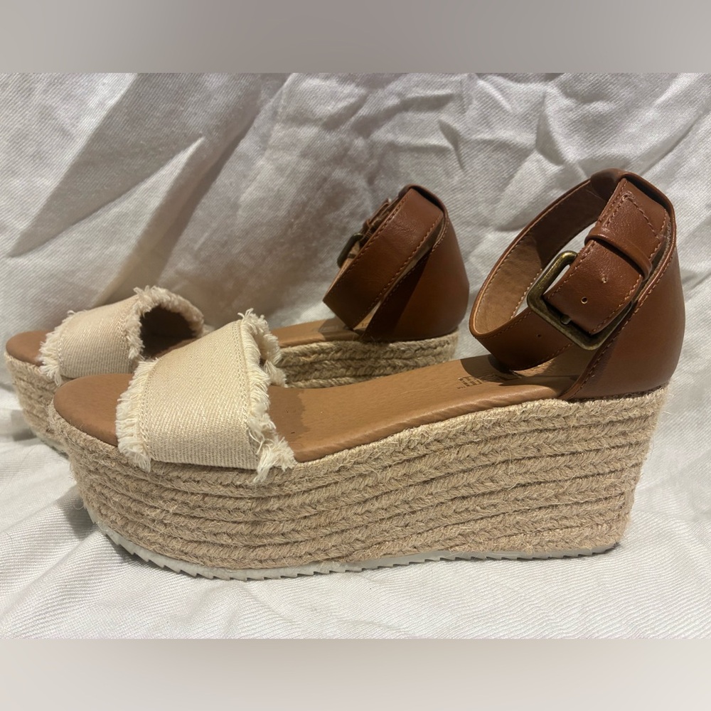 Chloé-style Beige/Brown Espadrille Wedge Sandals, Adjustable Ankle Strap, sz 5
